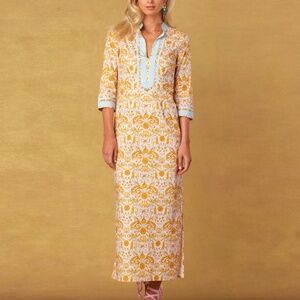 NICOBLU CAPRI LONG TUNIC DRESS IN BLUSH PINK FRENCH REGENCY RIBBON PRINT